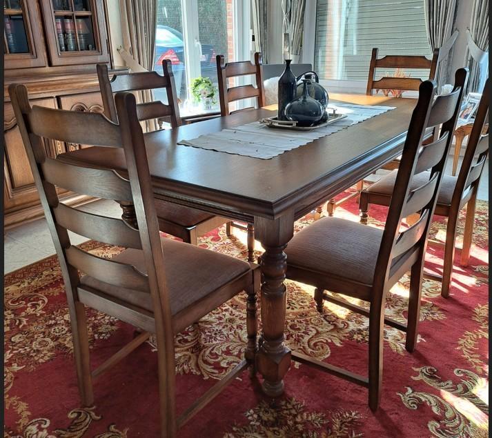 RUSTIEKE EETKAMER + LEDEREN SALON, Maison & Meubles, Salles à manger complètes, Utilisé, 4 à 6 chaises, Enlèvement