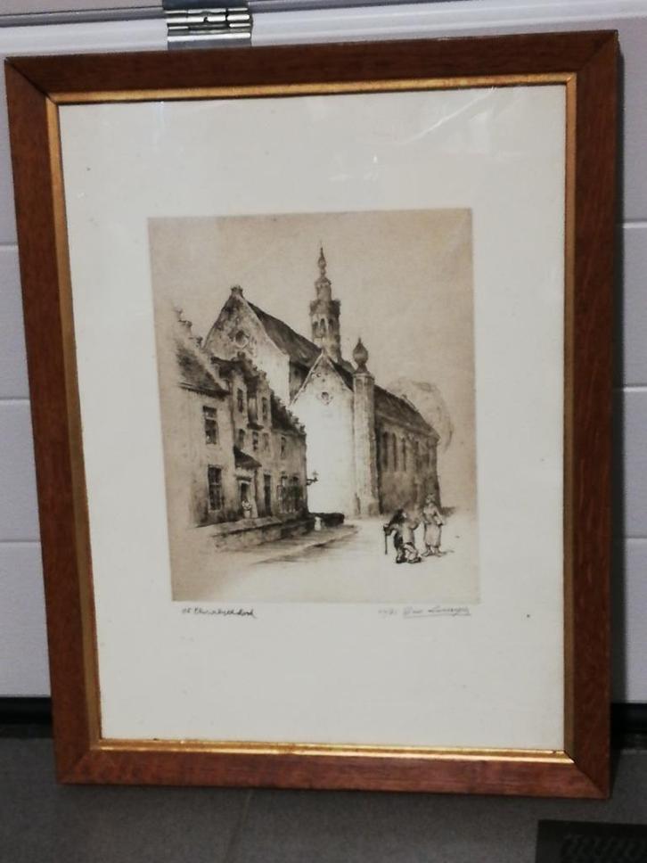 G Langie; ets;' St Elizabethkerk', Gentse kunstenaar, Antiek en Kunst, Kunst | Etsen en Gravures, Ophalen of Verzenden