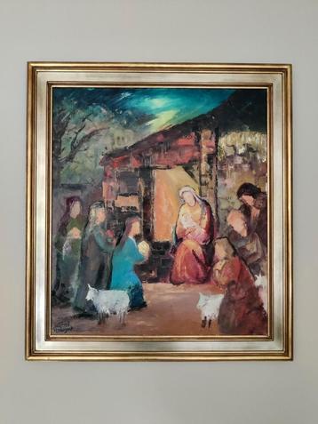 Groot schilderij met kersttafereel in levendige kleuren beschikbaar voor biedingen