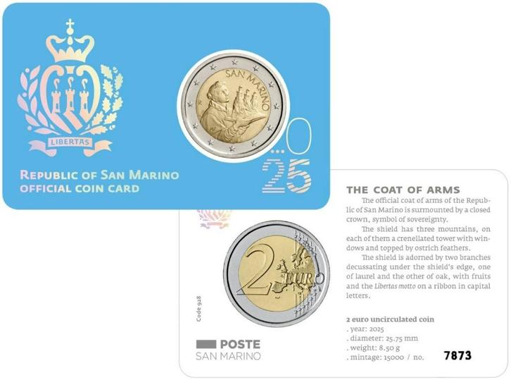 Coincard San Marino 2025 - Wapen van San Marino, Postzegels en Munten, Munten | Europa | Euromunten, Setje, 2 euro, San Marino