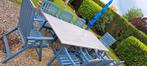 Uitschuifbare tafel met 8 stoelen en offsetparasol met voet, Tuin en Terras, Gebruikt, Stoel, Ophalen