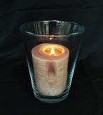 Glazen windlicht met mooie dikke kaars, Gebruikt, Ophalen of Verzenden, Bruin, Kaars