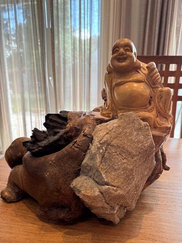  Statue du Bouddha rieur – Sculpture sur bois et pierre natu beschikbaar voor biedingen