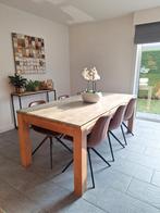 Prachtige teaktafel met 6 stoelen en glazen blad op maat., Huis en Inrichting, Tafels | Eettafels, Ophalen
