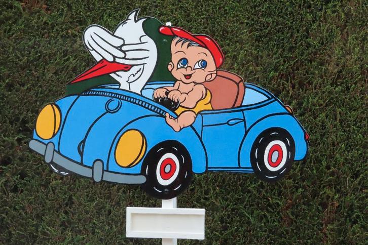 Geboorteborden o.a blauwe auto met baby en ooievaar., Kinderen en Baby's, Kraamcadeaus en Geboorteborden, Nieuw, Geboortebord