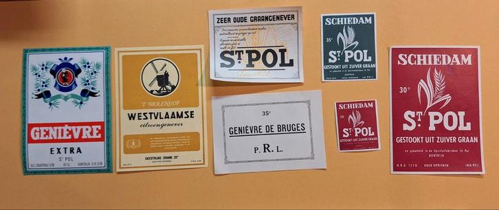 Anciennes étiquettes de genièvre St Pol distillerie Coutrai, Collections, Marques & Objets publicitaires, Utilisé, Emballage, Enlèvement ou Envoi
