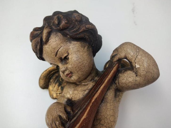 S&S - Houten Engel met Mandoline 30 cm, Antiek en Kunst, Antiek | Religieuze voorwerpen, Ophalen of Verzenden