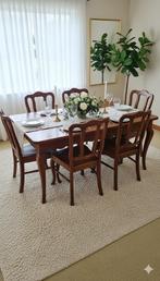 Massief eikenhouten tafel in Louis XV-stijl + 6 stoelen, Antiek en Kunst, Ophalen