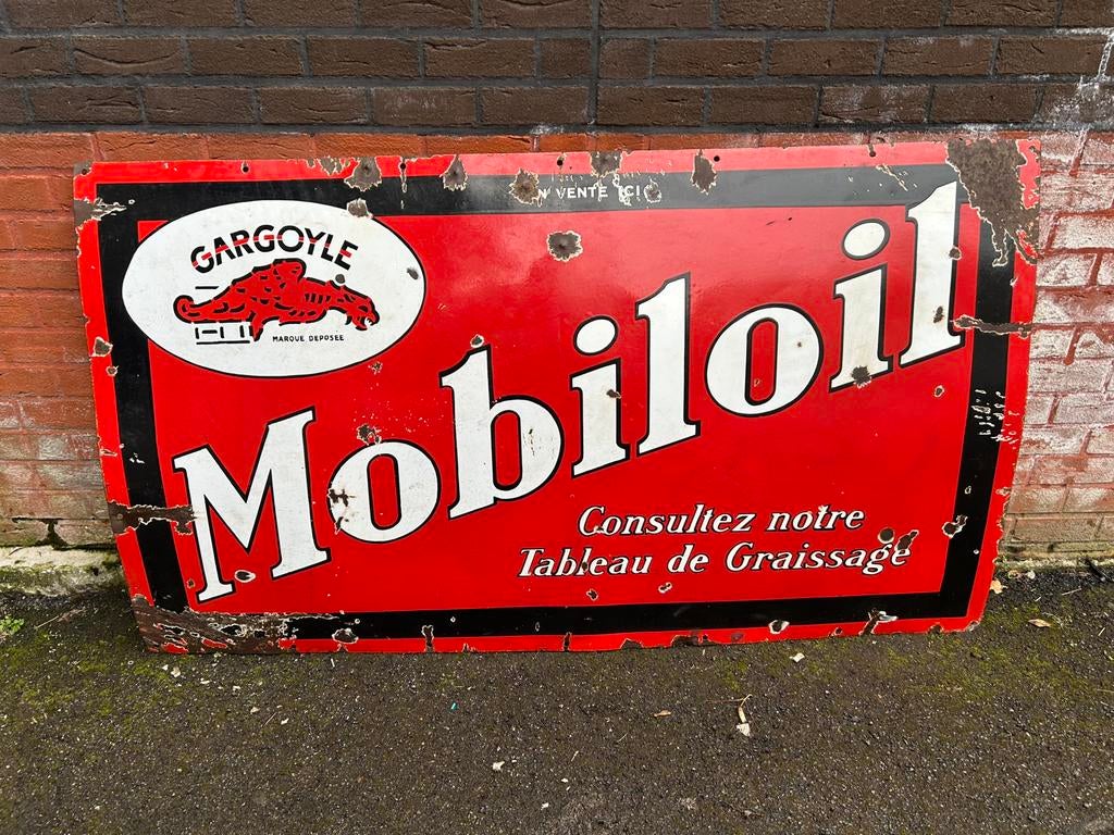 Plaque émaillée mobiloil 1m75/1m rare, Enlèvement ou Envoi