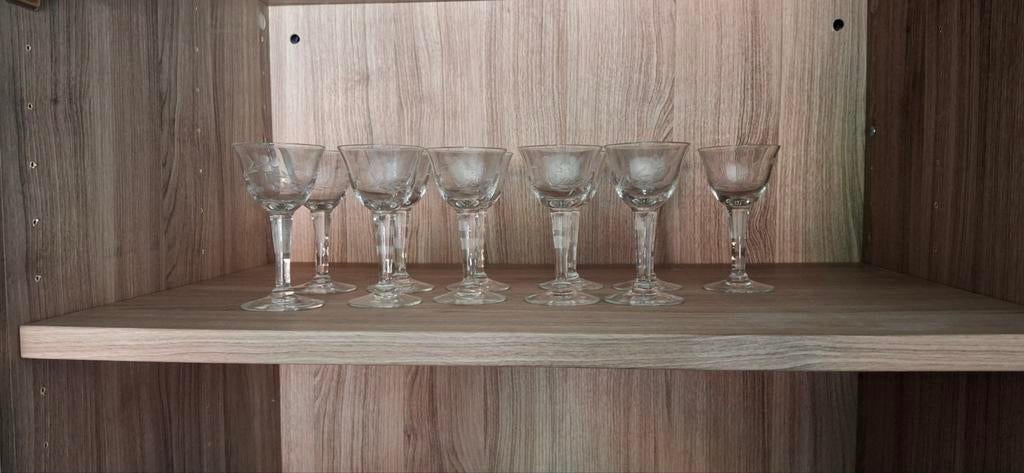 Vintage glazen met bladmotief., Antiek en Kunst, Ophalen