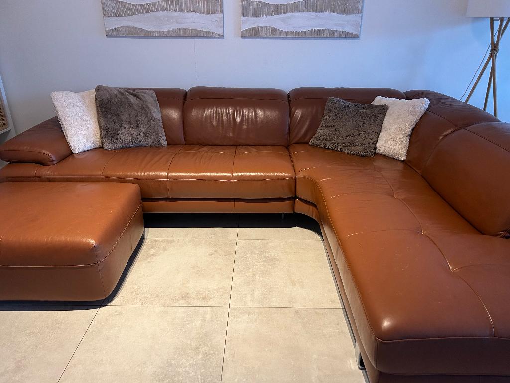 Cognac leren hoekzetel - 3 jaar oud - stevens meubelen, Maison & Meubles, Canapés | Salons, Utilisé, Banc d'angle, Quatre personnes ou plus