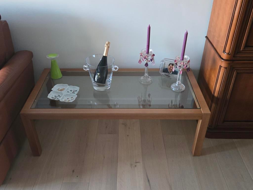 Mooie salon tafel in kerzelaar en glazen blad in perfecte st, Maison & Meubles, Enlèvement ou Envoi