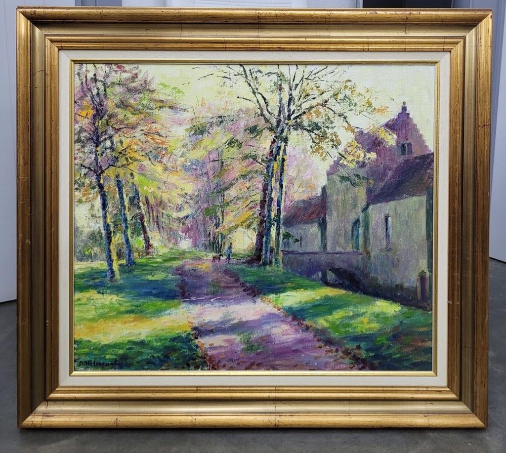 Maurice HELEWAUT, wandelen aan het kasteeldomein van Rooigem, Antiek en Kunst, Kunst | Schilderijen | Klassiek, Ophalen of Verzenden