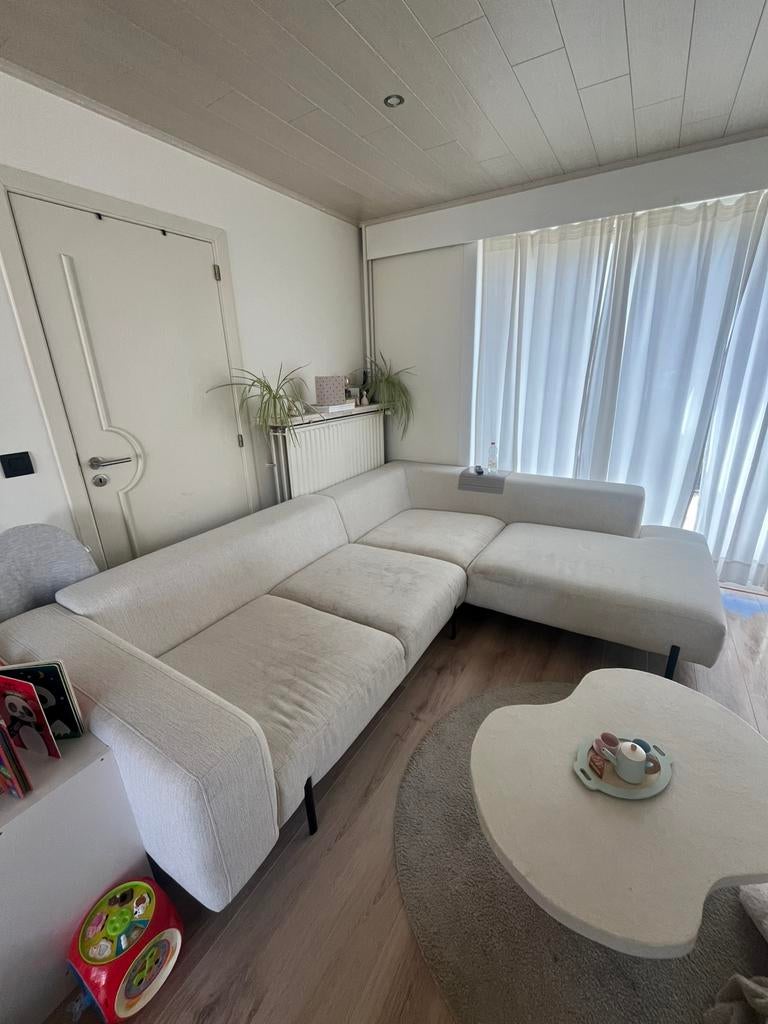 Beige hoeksalon + poef, Maison & Meubles, Canapés | Coins salons complets, Utilisé, Tissus, Enlèvement