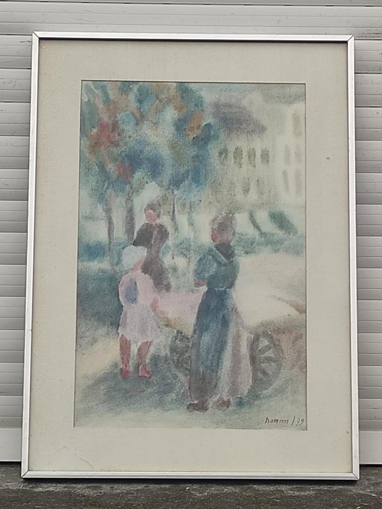 aquarelle personnage signe damien 79, Antiquités & Art, Enlèvement ou Envoi