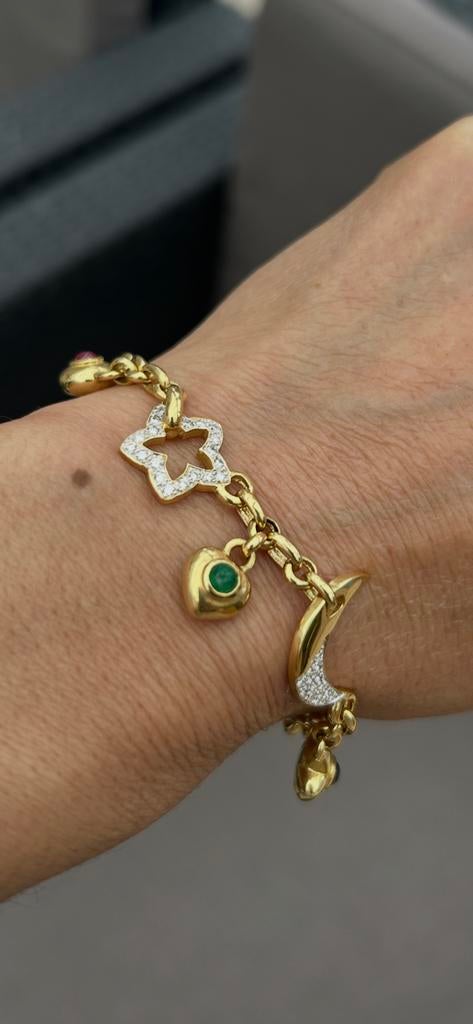 Bracelet or 18k avec breloques diamants 0,55ct NEUF, Ophalen of Verzenden, Goud, Goud