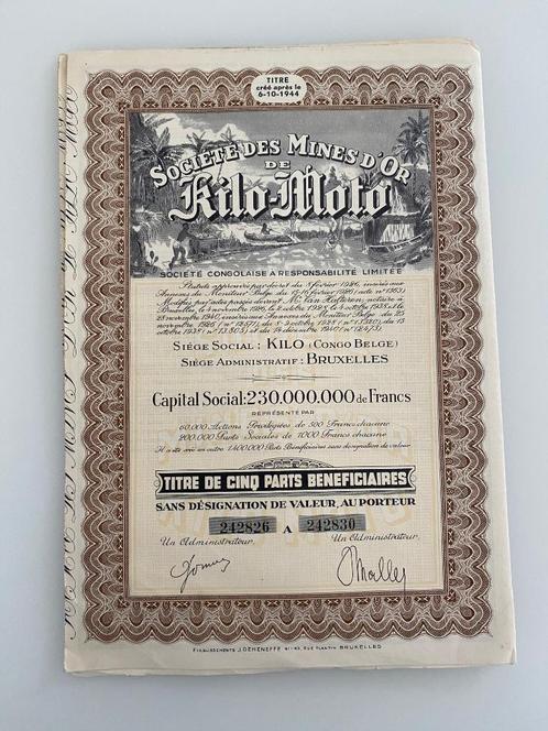 5 x 5 Aandeel Mines d'Or Kilo-Moto (Kilo Moto), Postzegels en Munten, Aandelen en Waardepapieren, Aandeel, 1920 tot 1950, Ophalen of Verzenden