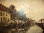 G. DELSAUX 1862-1945 olieverf/doek aangemeerde sloepen boten, Antiek en Kunst, Ophalen