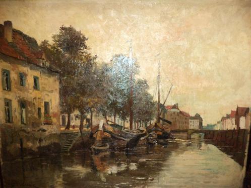G. DELSAUX 1862-1945 olieverf/doek aangemeerde sloepen boten, Antiek en Kunst, Kunst | Schilderijen | Klassiek, Ophalen