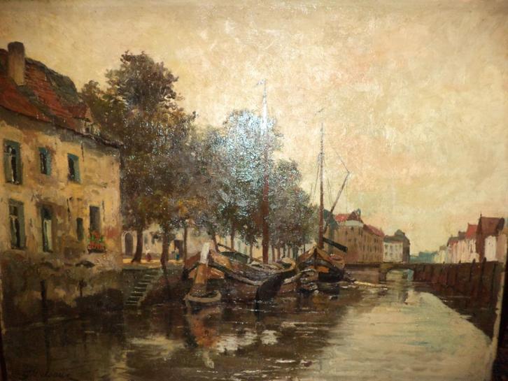 G. DELSAUX 1862-1945 peinture hst bateaux chopes au quai, Antiquités & Art, Art | Peinture | Classique, Enlèvement