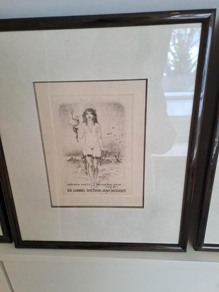 7 antieke ex libris ingekaderd, Antiek en Kunst, Kunst | Litho's en Zeefdrukken, Ophalen of Verzenden