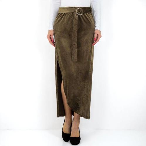 Lange velourse rok met split khaki bruin S/M, Kleding | Dames, Rokken, Nieuw, Maat 36 (S), Bruin, Onder de knie, Verzenden
