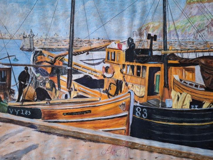 Schitterende pastel Vissersboten in een zonnige haven, Antiek en Kunst, Kunst | Schilderijen | Modern, Ophalen of Verzenden