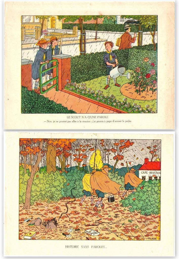 Hergé-2 Illustr. "Calendrier des scouts" Baden Powell 1947, Collections, Photos & Gravures, Utilisé, Gravure, Autres sujets/thèmes