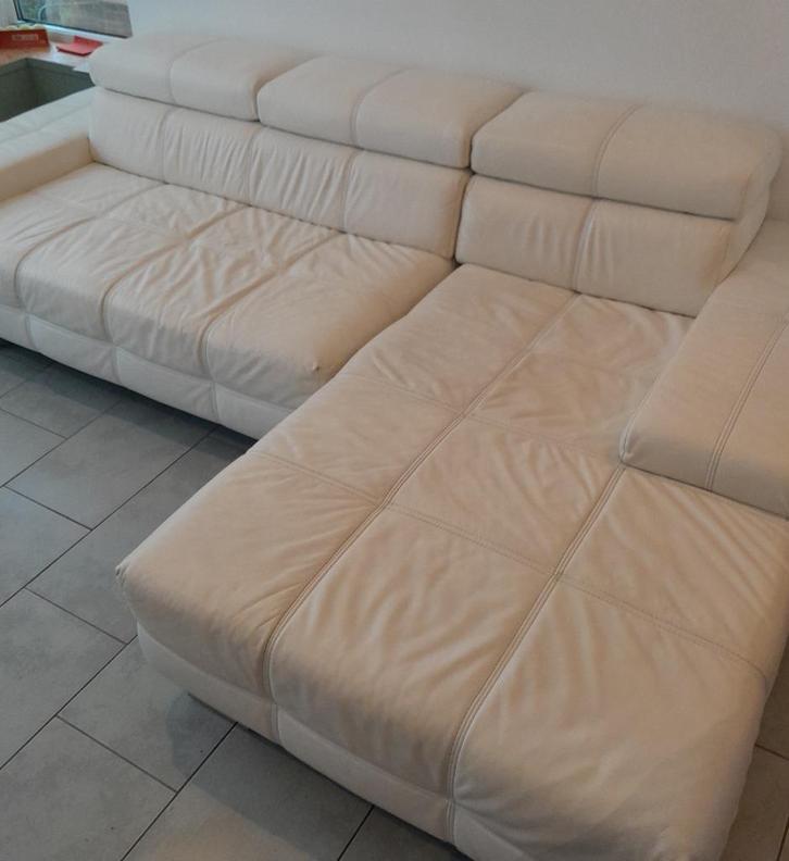 L-vormige witte leren bank, Huis en Inrichting, Zetels | Zetels, Zo goed als nieuw, Hoekbank, Vierpersoons of meer, 250 tot 300 cm