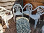 4 Witte stapelbare terras- of tuinstoelen met kussens, Tuin en Terras, Tuinstoelen, Ophalen, Gebruikt, Kunststof, Stapelbaar