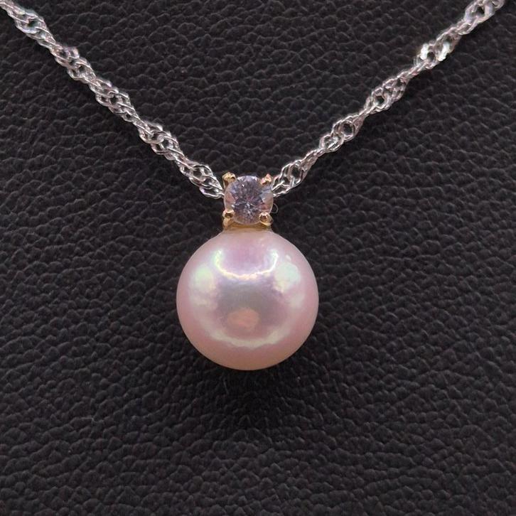 18K gouden hanger met Akoya-parel en saffier en s925-ketting, Handtassen en Accessoires, Kettinghangers, Zo goed als nieuw, Goud