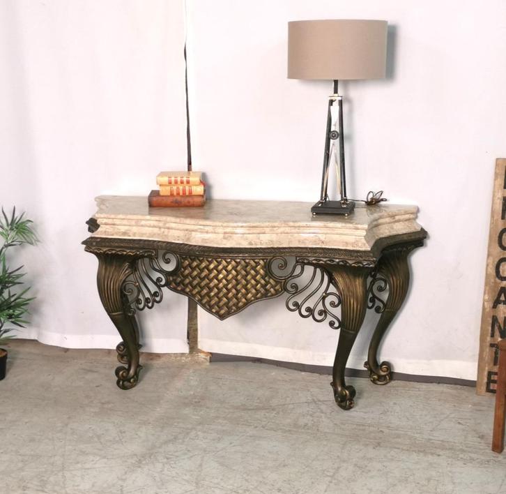 Grote marmeren muurtafel met ijzeren onderstel L 164 D 57, Antiek en Kunst, Antiek | Meubels | Tafels, Ophalen