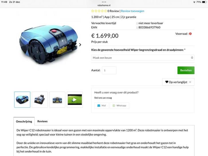 Robotmaaier Wiper Premium C12, Tuin en Terras, Robotmaaiers, Gebruikt, Meer dan 25 cm, Met regensensor, Bestuurbaar via app, Ophalen