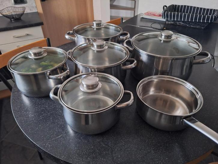 Kookpottenset - 7st, Maison & Meubles, Cuisine | Casseroles & Poêles, Utilisé, Ensemble de casseroles, Inox, Plaque céramique