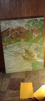 Grande huile ancienne sur tissu, à restaurer, 86x110, n630, Antiquités & Art, Enlèvement