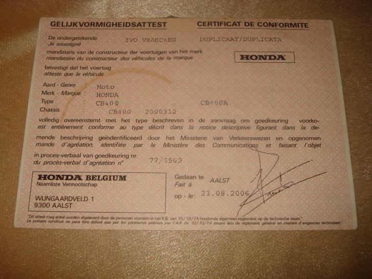 Ancien Certificat Conformité Moto Honda CB400 2006, Motoren, Handleidingen en Instructieboekjes, Honda, Ophalen of Verzenden