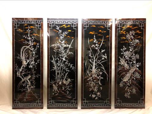 4 grote Japanse wandpanelen met ingelegd parelmoer, Antiek en Kunst, Kunst | Niet-Westerse kunst, Ophalen