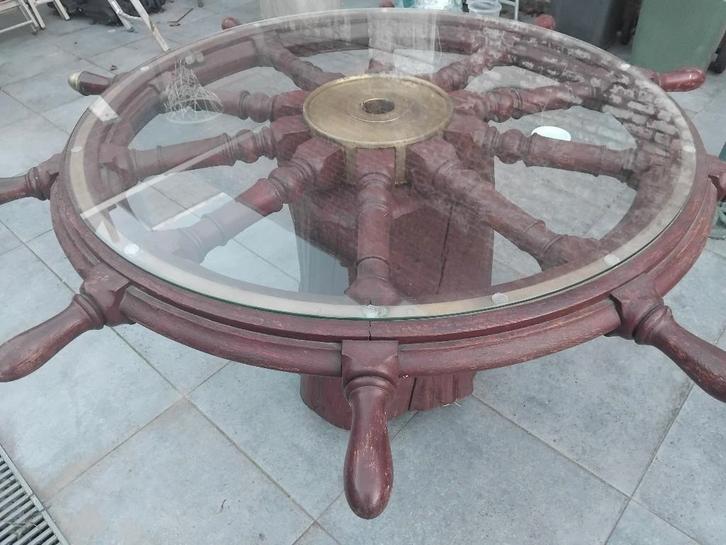 Zeer oud groot eiken stuurwiel schip 125 cm op wielen, Antiek en Kunst, Antiek | Meubels | Tafels, Ophalen of Verzenden