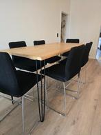 Industriële hoge tafel met 6 stoelen, Huis en Inrichting, Ophalen, Gebruikt, Eikenhout, Vijf personen of meer
