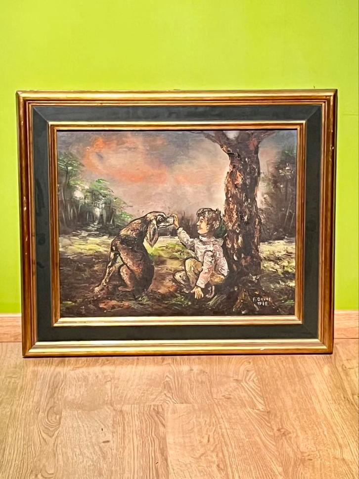 Schilderij van F.Devos 1978 “alleen op de wereld”, Antiek en Kunst, Kunst | Schilderijen | Abstract, Ophalen