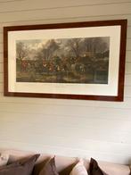Ingelijste jacht tafereel in notenhouten lijst, Antiek en Kunst, Ophalen