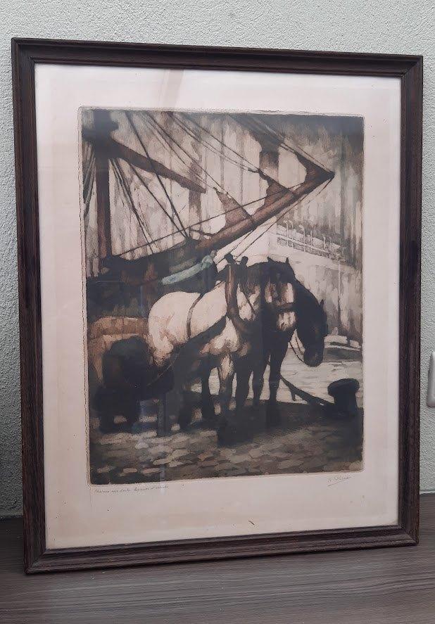 Grote ets van Kurt Peiser, "Trekpaarden in de haven" E A, Antiek en Kunst, Kunst | Etsen en Gravures, Ophalen
