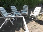 4 tuinstoelen wit hoge leuning met 4 kussens groen-wit, Ophalen, Gebruikt, Plastic, Verstelbaar
