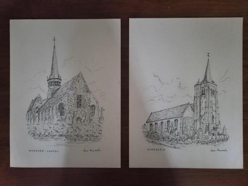 Tekeningen Luc Ameel - Kerken Frans-Vlaanderen, Antiek en Kunst, Kunst | Tekeningen en Fotografie, Ophalen of Verzenden