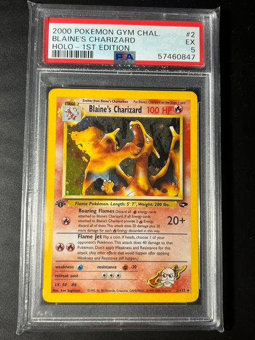 PSA 5 First Edition Blaine’s Charizard Gym, Hobby en Vrije tijd, Verzamelkaartspellen | Pokémon, Ophalen of Verzenden