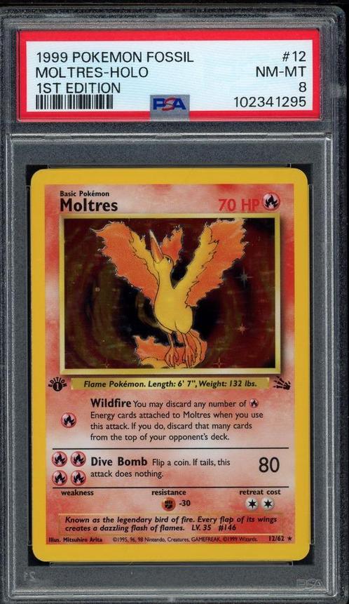 Moltres Holo 1st Edition PSA 8 - 12/62 - Fossil 1999, Hobby en Vrije tijd, Verzamelkaartspellen | Pokémon, Zo goed als nieuw, Losse kaart
