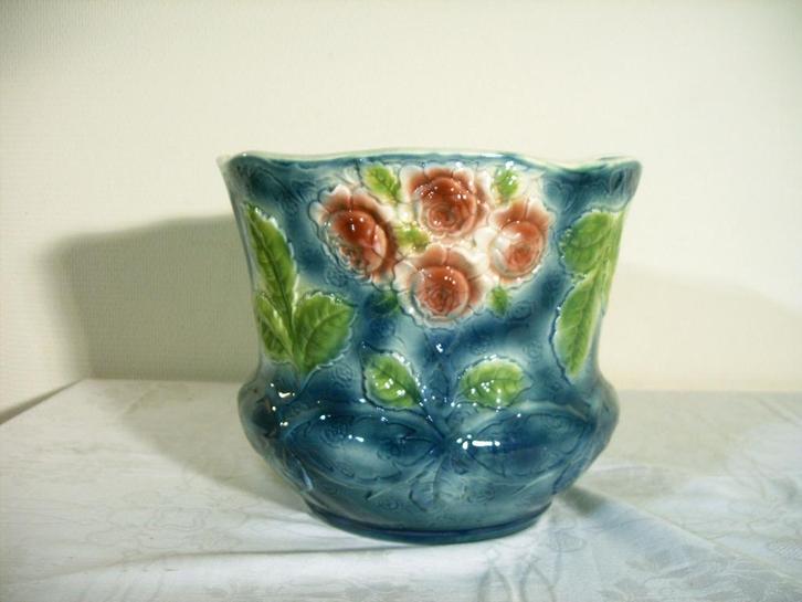 Franse ronde Barbotine cache-pot., Antiek en Kunst, Antiek | Keramiek en Aardewerk, Ophalen of Verzenden