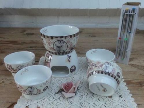 SALE Chocolade fondue, 4 vorkjes, 4 schaaltjes met kinderen, Antiek en Kunst, Curiosa en Brocante, Ophalen of Verzenden
