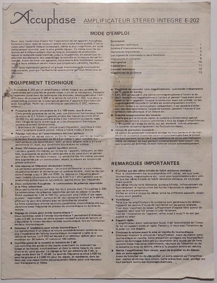 ACCUPHASE E-202 originele gebruikershandleiding, Audio, Tv en Foto, Versterkers en Ontvangers, Gebruikt, Stereo, 60 tot 120 watt