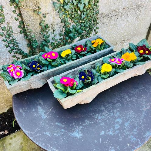 2 vintage betonnen bloembakken boomstronk, Tuin en Terras, Bloembakken en Plantenbakken, Binnen, Balkon, Tuin, Minder dan 30 cm